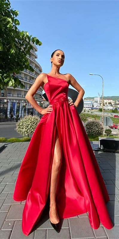 Strapless Long A-line Red Satin Prom ...